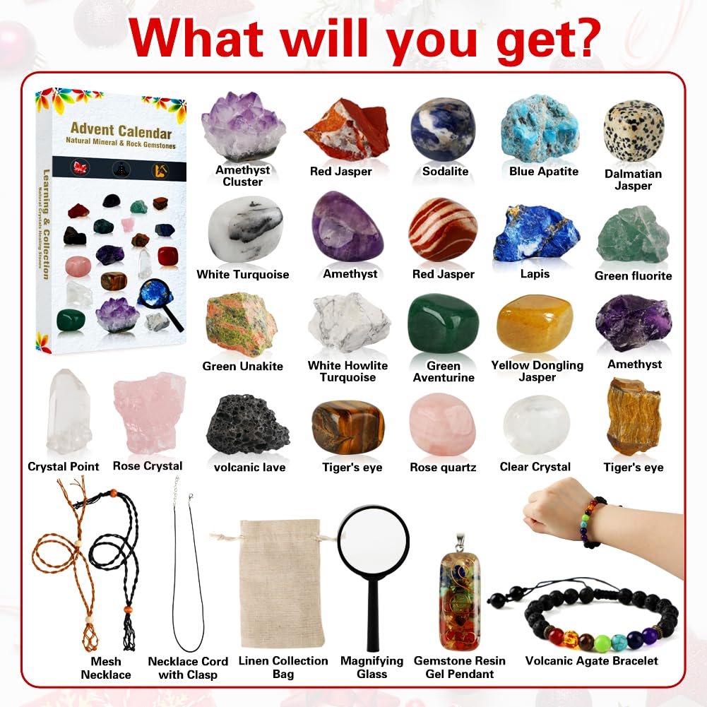 Advent Calendar 2025, Crystals and Healing Stones Christmas Countdown Calendar Natural Chakra Gemstones Set with Crystal Necklac